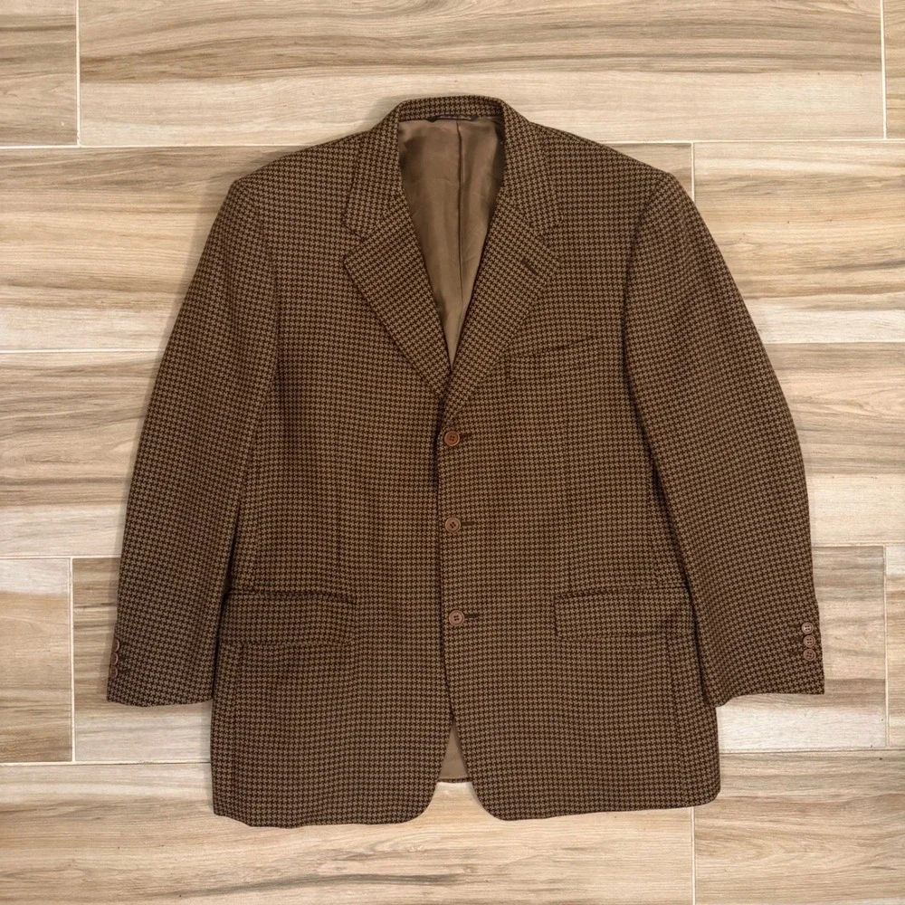 Vintage CANALI Sport Coat Jacket Men 42S EU 52C Brown Wool Houndstooth 3 Button